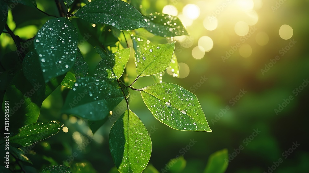Poster a close-up of dew-covered leaves in a tranquil forest, with soft sunlight filtering through