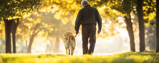 An older man walks his dog on a sunny outdoor path