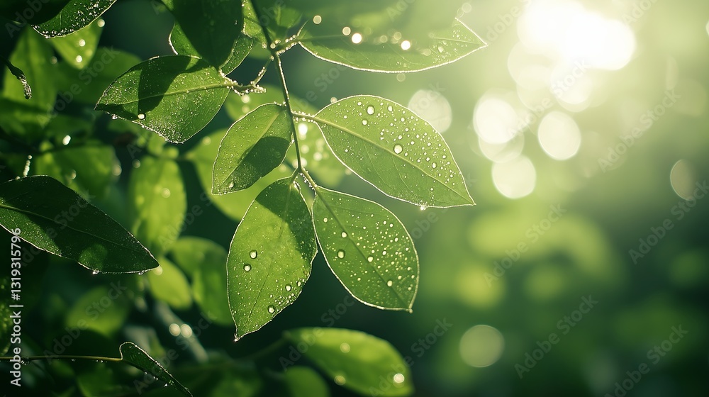 Poster a close-up of dew-covered leaves in a tranquil forest, with soft sunlight filtering through