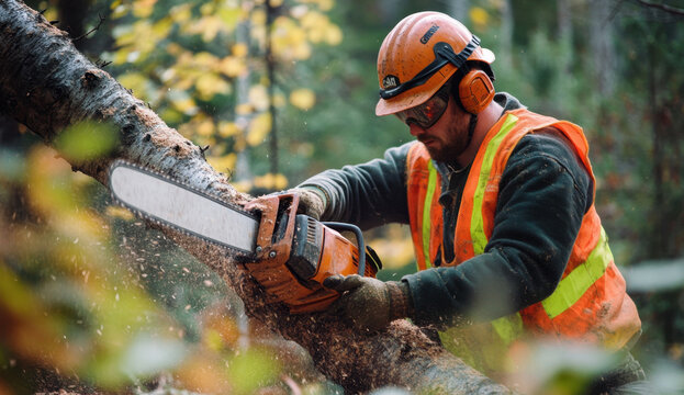 Worker in bright orange vest and helmet skillfully uses a chainsaw to cut a fallen tree in a forest clearing surrounded by autumn foliage