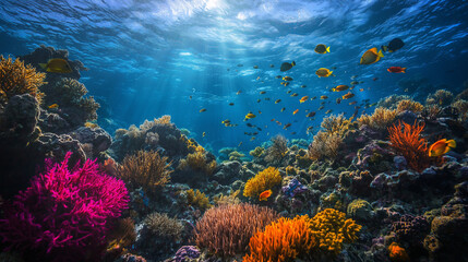 Fototapeta premium A coral reef bursting with colorful marine life in a soft glow