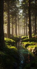 Fototapeta premium Serene Forest Stream Sunlit Trees Lush Greens Tranquil Nature