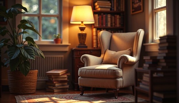 A cozy reading nook featuring a comfortable armchair, warm lighting, and a collection of books, creating a perfect space for relaxation and contemplation.