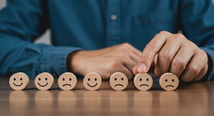 A Hand Carefully Arranging Wooden Emotion Blocks, Shifting From Positive To Negative Feedback, Representing A Crucial Business Decision With Subtle Warm Lighting On A Wooden Table