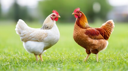 Fototapeta premium Two chickens standing gracefully in the grass under natural light showcasing their feathers in a farm setting