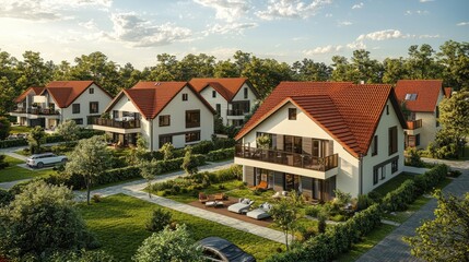 Modern residential neighborhood with green spaces and vibrant homes