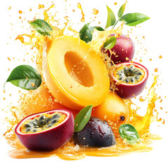 Mango Papaya and Passion Fruit Scattering in a Tropical Setting with Mango Juice Isolated on Transparent Background