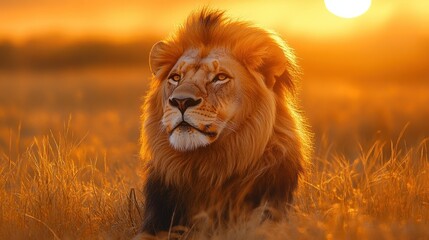 Majestic lion at golden sunset