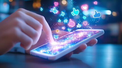 A user interacts with a smartphone screen, triggering colorful animations of hearts and thumbs up, symbolizing social media engagement in a lively environment