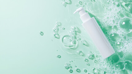 white pump bottle surrounded by bubbles on mint green background, conveying freshness and cleanliness. Ideal for skincare or beauty products