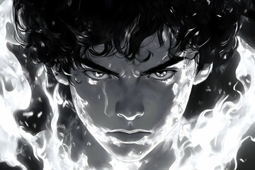 Monochromatic portrait of a young man's intense gaze, engulfed in ethereal flames, conveying power and mystery