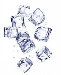 Obraz premium Cubos de hielo cayendo, generando burbujas y salpicaduras en un fondo blanco.