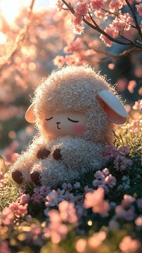 Un tierno corderito de peluche duerme entre flores, iluminado por la suave luz del atardecer.