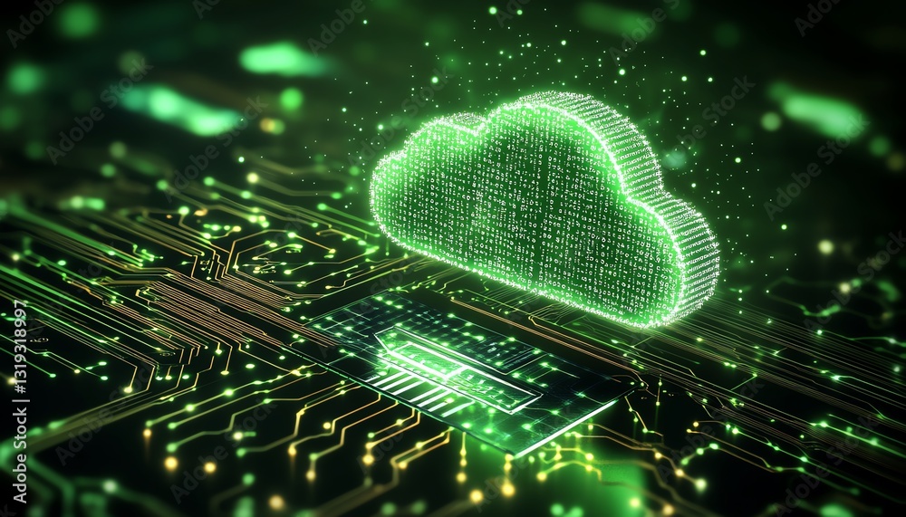 Poster Illustration of secure cloud computing with a cloud symbol floating over a stylized chip