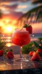 frozen strawberry margarita daquiri blended cocktail in a glass at a bar on the beach