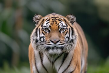 Fototapeta premium close-up of tiger piercing eyes its striped fur sharply detailed against blurred jungle background