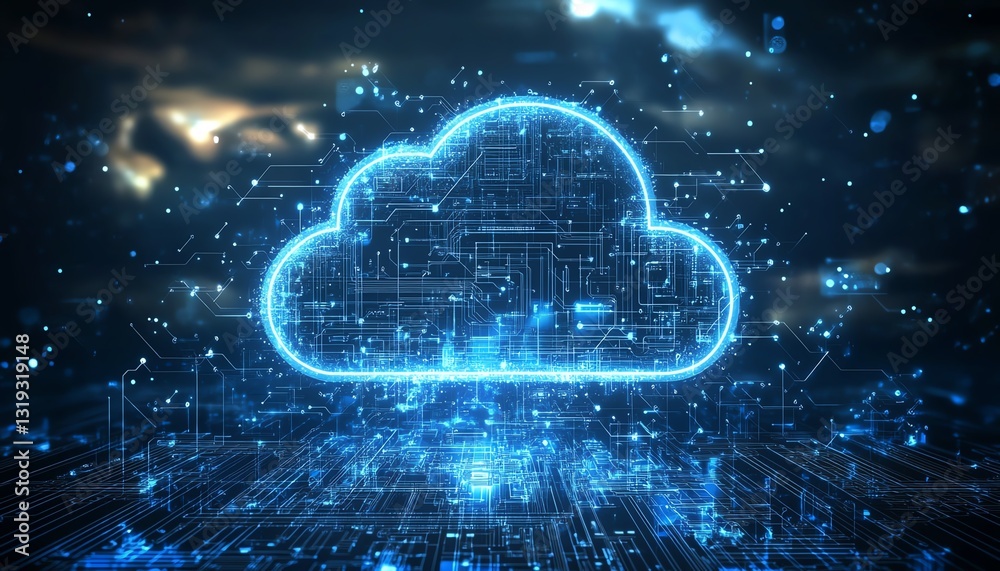Poster Illustration of secure cloud computing with a cloud symbol floating over a stylized chip