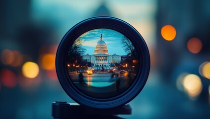 A close-up of the camera lens, with an iconic building like the United States Capitol in Washington, D.C., in the background. The focus is on the sharpness and clarity of the photo