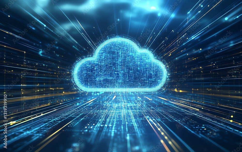 Poster cloud symbol hovering over a stylized chip