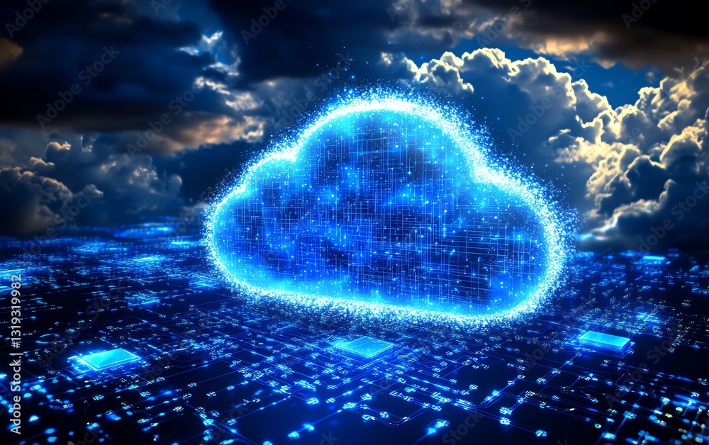 Poster cloud symbol hovering over a stylized chip
