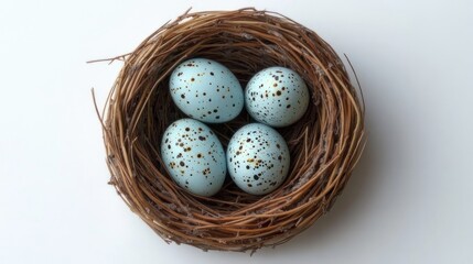 Obraz premium Light blue speckled eggs nestled in a bird's nest (1)