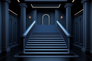 Obraz premium Dark Blue Grand Staircase With Neon Lighting In Modern Palace Interior Design Hallway Entrance