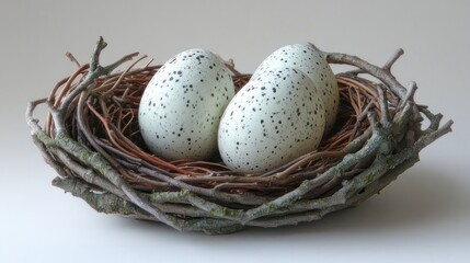 Obraz premium Three speckled eggs nestled in a rustic bird's nest (1)