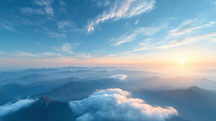 Majestic mountain range at sunrise. Clouds and sky