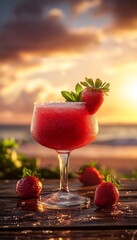 frozen strawberry margarita daquiri blended cocktail in a glass at a bar on the beach