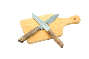wooden board and old knife isolated on white background
