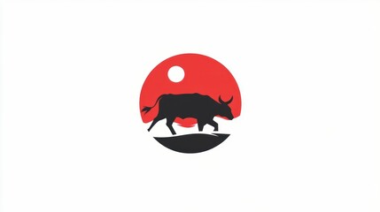 Silhouette of a bull in a sunset landscape; graphic design element