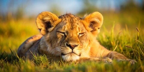 Golden Hour Slumber A Young Lion Cub Napping Peacefully in Tall Grass, Bathed in Warm Sunlight