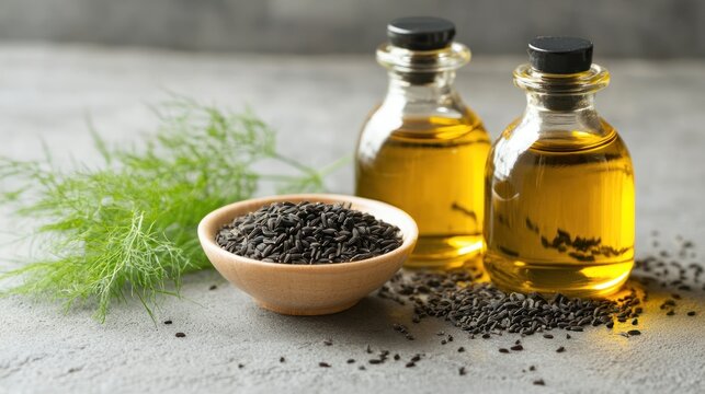 Black cumin seeds and oil in small bottles on a gray surface
