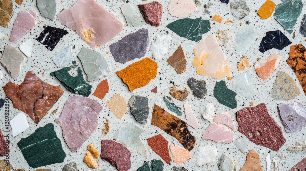 Aufkleber Brightly colored stone fragments designed in a stunning terrazzo pattern create an eye-catching surface in a contemporary setting. Each piece adds a touch of character and artistry