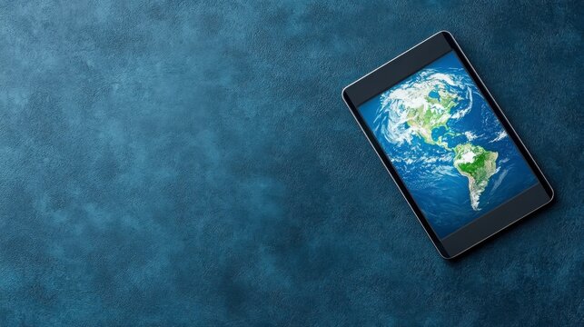 Tablet Displaying Earth Map on Textured Blue Background