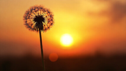 Dandelion seed head silhouette against the golden sunset light landscape