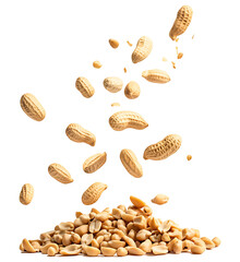 Falling peanuts and pile of shelled peanuts