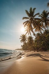 Obraz premium A vibrant tropical beach with crashing waves, soft golden sand, and a luxurious resort in the background. 
