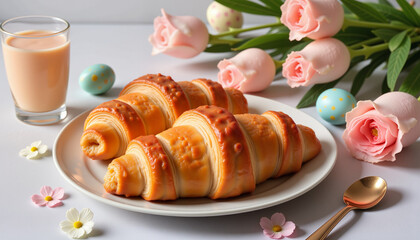 Easter brunch display with croissants and spring flowers on a pastel plate, ideal for festive occasions and food blogs