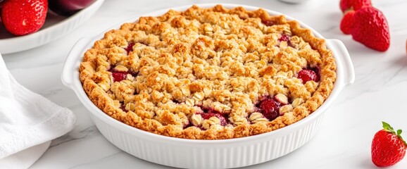 Homemade strawberry crumble pie freshly baked to perfection ready to delight dessert lovers with seasonal flavors