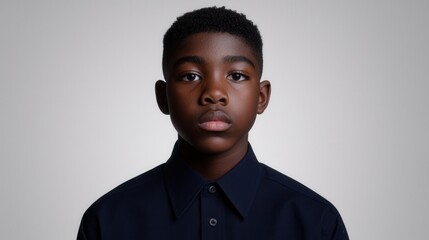 Obraz premium Portrait of a Young Black Boy in a Dark Blue Shirt Against a Gray Background