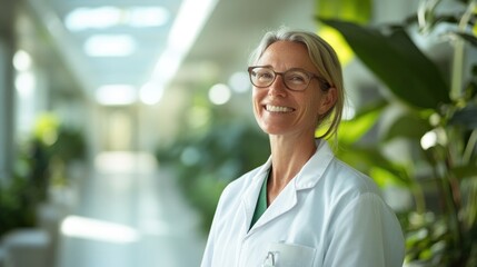 Fototapeta premium serene image of healthcare worker smiling in sunlit hospital corridor surrounded by natural greenery
