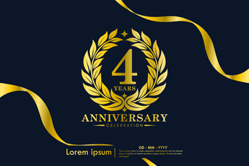 4th years anniversary celebration emblem. elegant golden anniversary logo isolated with laurel wreath and ribbon on black background. vector illustration template design