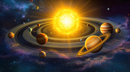Solar System Planets Illustration: Sun, Mercury, Venus, Earth, Mars, Jupiter, Saturn, Uranus, Neptune, Space Art, Astronomy Image