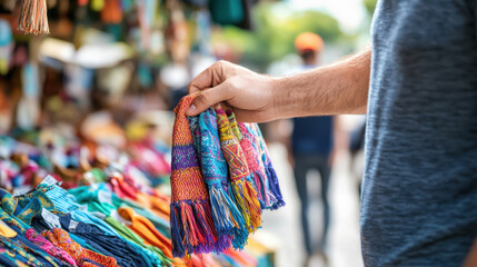 Obraz premium Authentic Cultural Exchange as a Tourist Buys Handmade Souvenirs from a Street Vendor
