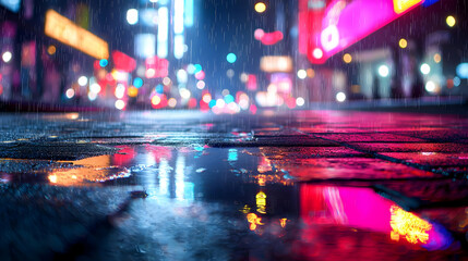 City street at night with heavy rain reflecting colorful neon lights on a wet pavement surface creating a vibrant and moody atmosphere in an urban