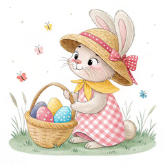 Easter. Easter bunny. Watercolor illustration of an adorable bunny with a basket full of colorful Easter eggs, surrounded by blooming wildflowers in a spring meadow.