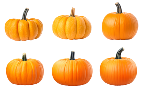 Six pumpkins of varying sizes, isolated on white background.