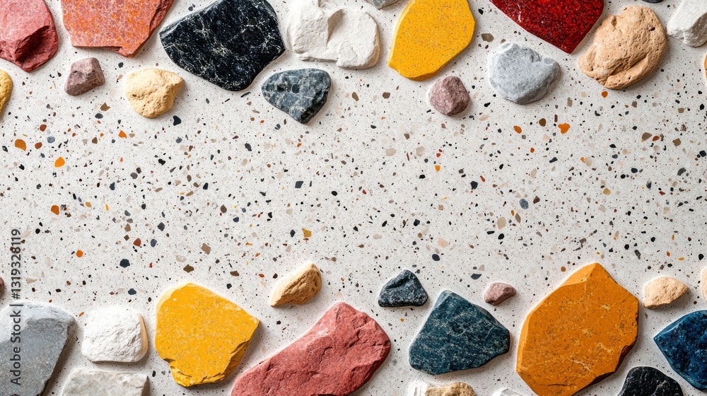 Poster a captivating display features an assortment of colorful stones scattered artistically on a light sa