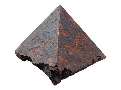 Roughhewn pyramid of dark, textured stone, evoking themes of antiquity, strength, and resilience.